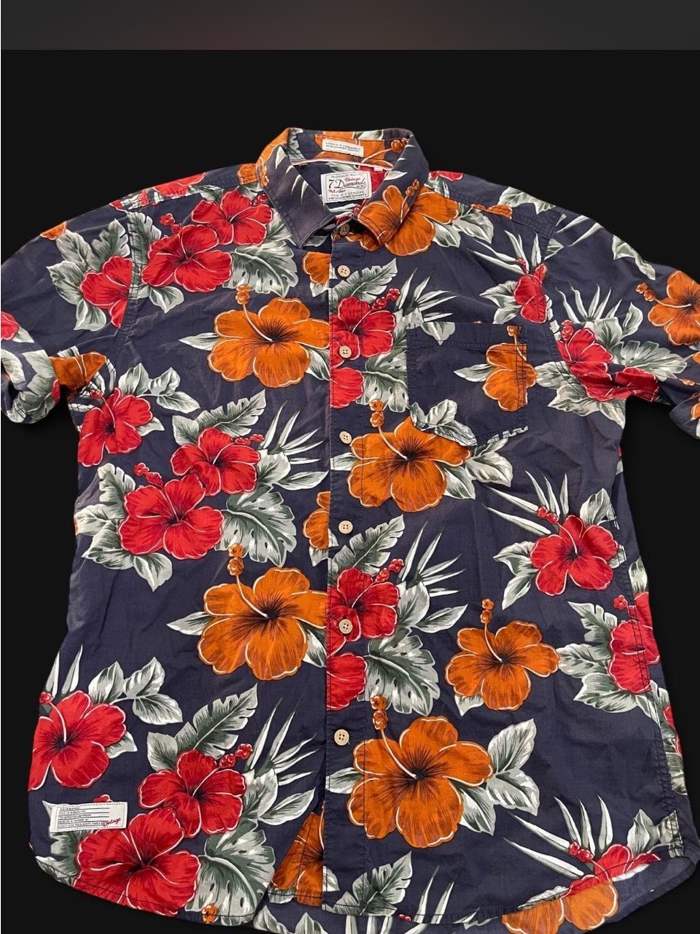 7 Diamonds Navy Short-Sleeve Button-Down with Red & Orange Floral Print